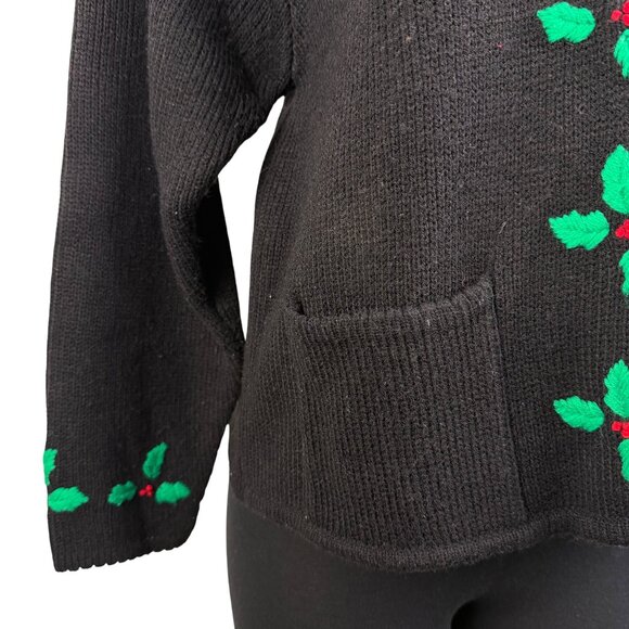 Vintage Tally-Ho Black Cardigan Sweater Holly Leaf Embroidery Button Front Sz PM - Picture 5 of 8